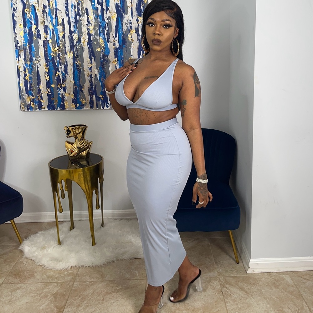 Ribbed Two Piece Bodycon Long Pencil Skirt Set